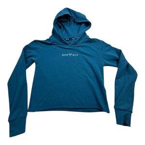 Squat Wolf Cropped Hoodie Teal Blue Long Sleeve Raw Hem Sweatshirt XS